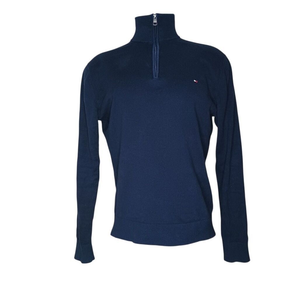 Tommy Hilfiger Quarter Zip Pull Over Sweater Men's Sz L Navy Mock Neck Logo